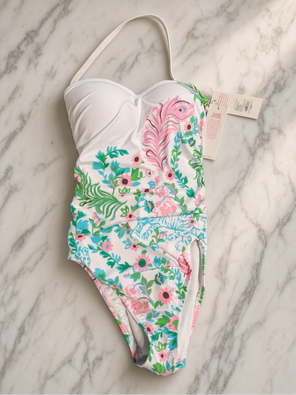 Lilly Pulitzer White One-Piece Swimsuit with Pink & Green Floral Print